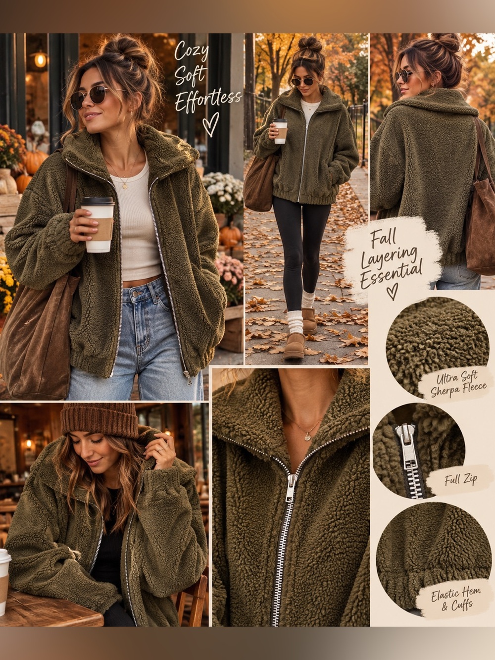 Army Green Teddy Sherpa Fleece Full Zip Jacket Medium Cozy Fall